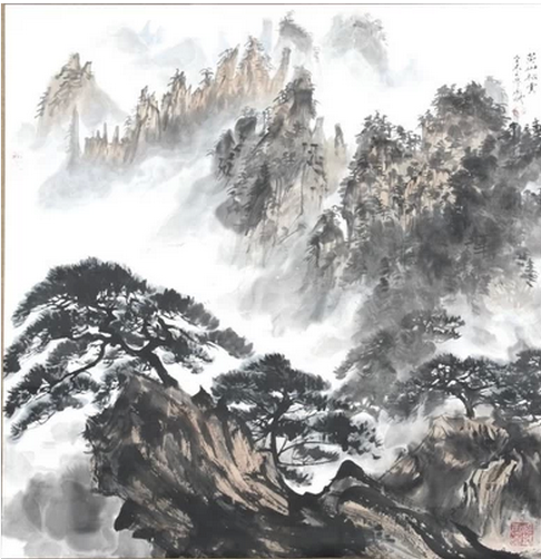 【王永斌国画】斗方《黄山松云》【保真】家居山水风景画